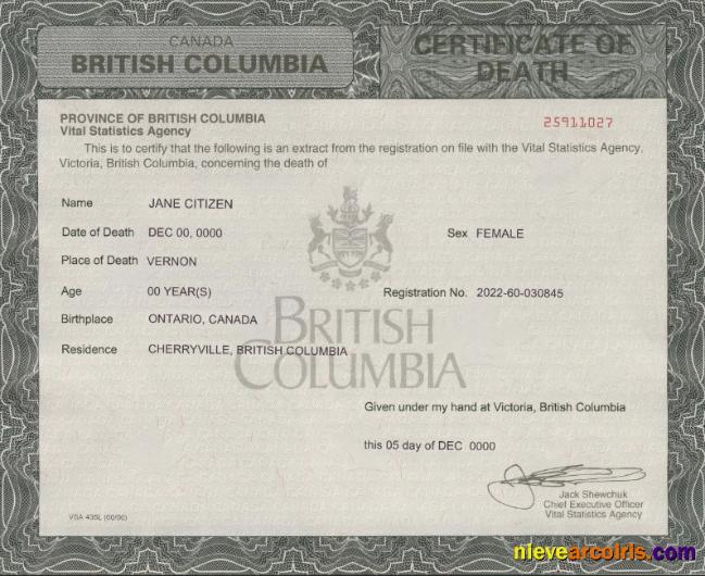 Canada British Columbia death certificate